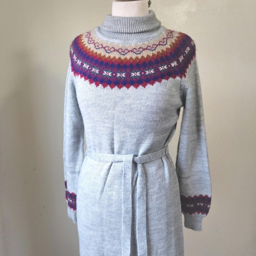 Vintage 70s 80s Celebration Grey Fair Isle Turtleneck Sweater Dress Belt Midi M